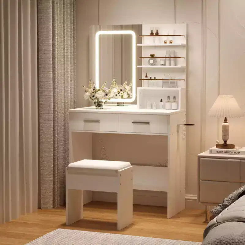 Toeletta Trucco con Specchio e Luci, Tavolo da Trucco da 80 cm con 2 Cassetti e Ripiani Aperti, Tavolo da Trucco con Luminosità Regolabile