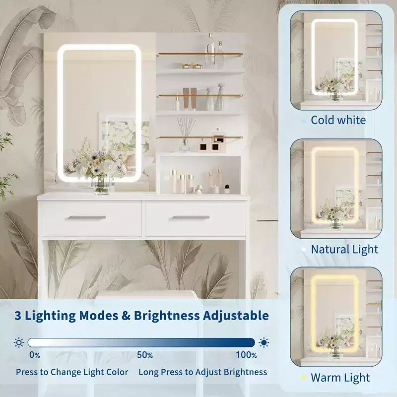 Toeletta Trucco con Specchio e Luci, Tavolo da Trucco da 80 cm con 2 Cassetti e Ripiani Aperti, Tavolo da Trucco con Luminosità Regolabile
