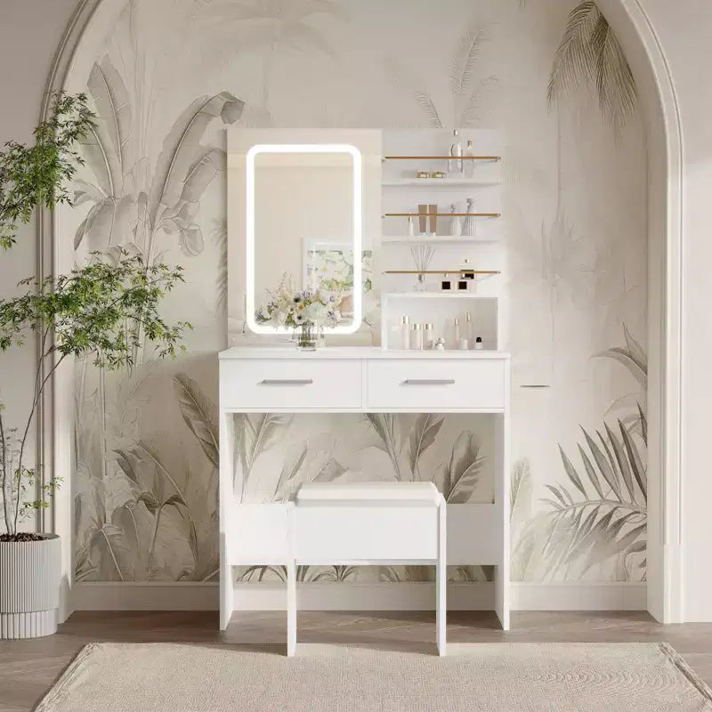 Toeletta Trucco con Specchio e Luci, Tavolo da Trucco da 80 cm con 2 Cassetti e Ripiani Aperti, Tavolo da Trucco con Luminosità Regolabile