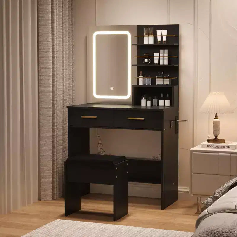 Toeletta Trucco con Specchio e Luci, Tavolo da Trucco da 80 cm con 2 Cassetti e Ripiani Aperti, Tavolo da Trucco con Luminosità Regolabile