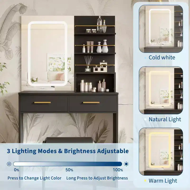 Toeletta Trucco con Specchio e Luci, Tavolo da Trucco da 80 cm con 2 Cassetti e Ripiani Aperti, Tavolo da Trucco con Luminosità Regolabile