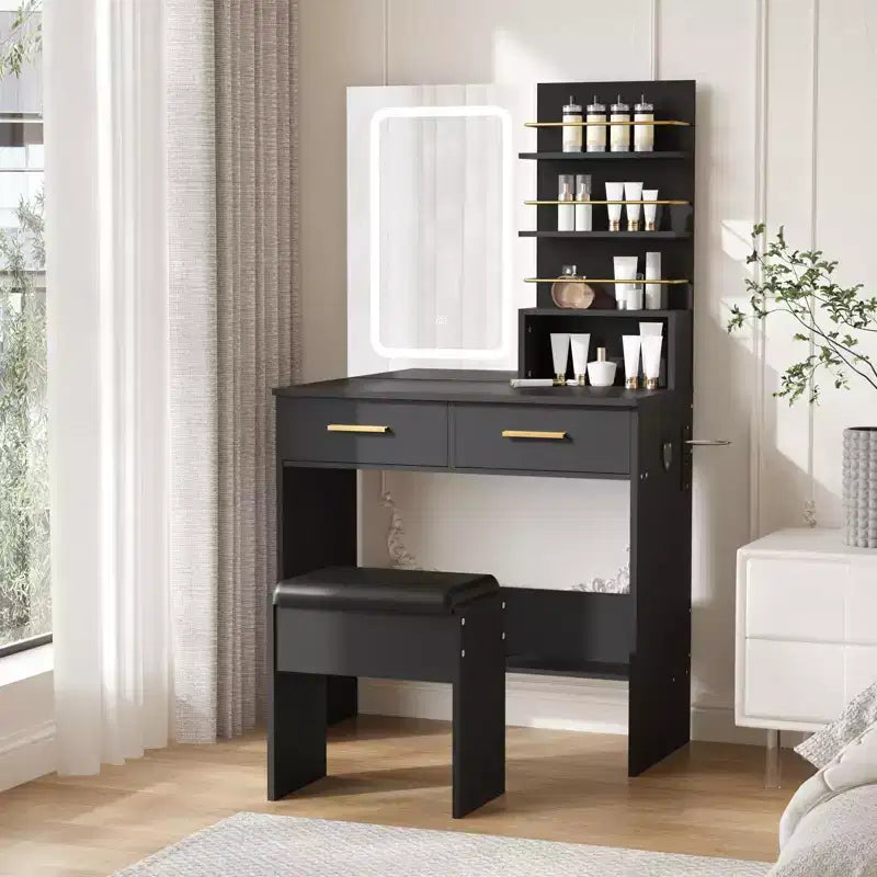 Makeup Vanity Desk with Mirror and Lights, 31W Dressing Table with 2 Drawers & Open Storage Shelves, Brightness Adjustable Makeup Vanity Table