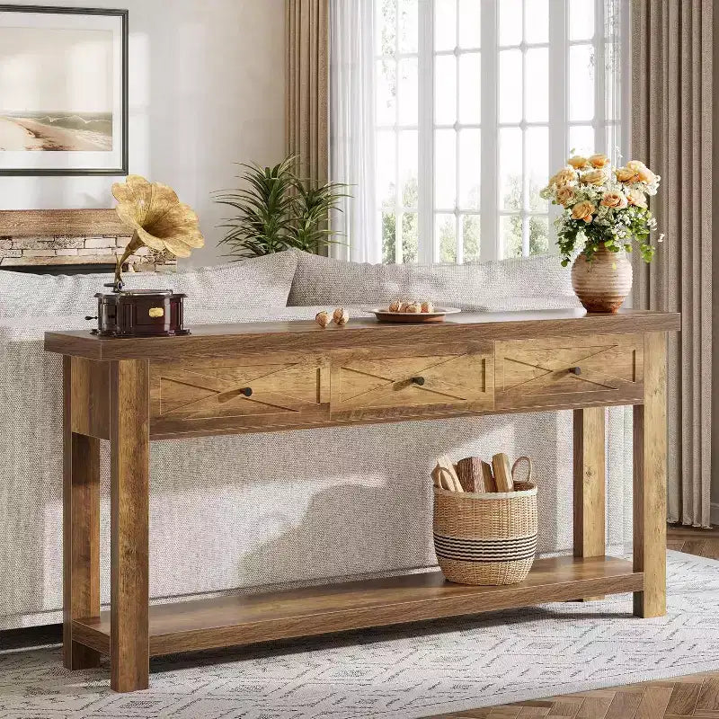 Tavolo Consolle da 70.9 pollici con 3 Cassetti, Tavolo da Ingresso Stile Rustico con Ripiano Contenitore, Tavolo da Divano Dietro al Divano per Corridoio, Foyer