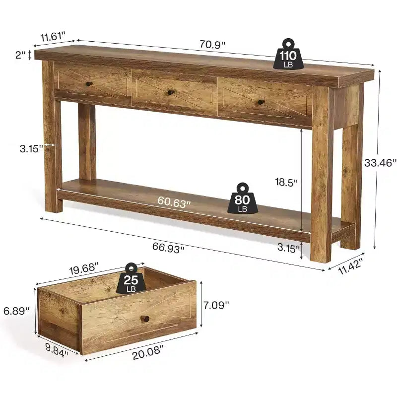 Tavolo Consolle da 70.9 pollici con 3 Cassetti, Tavolo da Ingresso Stile Rustico con Ripiano Contenitore, Tavolo da Divano Dietro al Divano per Corridoio, Foyer