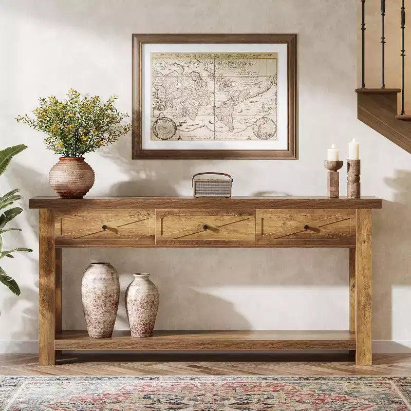Tavolo Consolle da 70.9 pollici con 3 Cassetti, Tavolo da Ingresso Stile Rustico con Ripiano Contenitore, Tavolo da Divano Dietro al Divano per Corridoio, Foyer