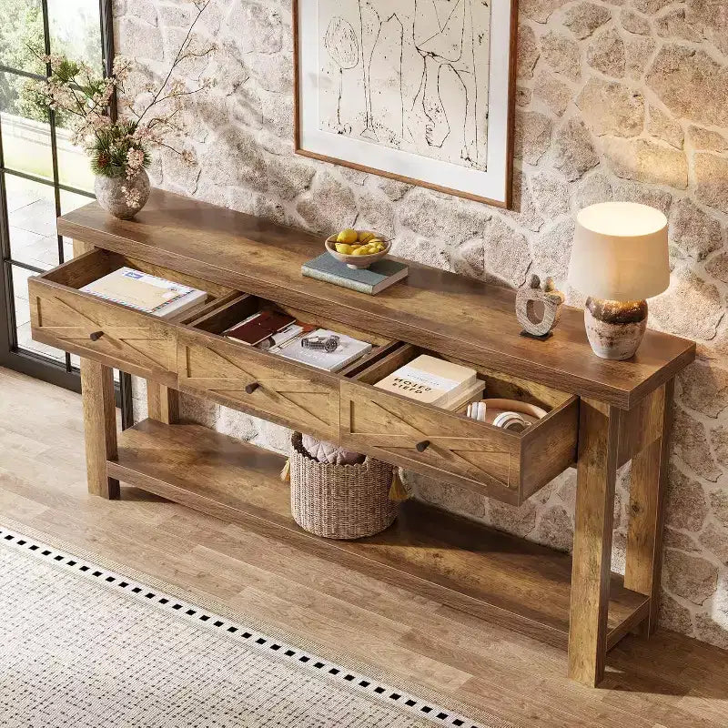 Tavolo Consolle da 70.9 pollici con 3 Cassetti, Tavolo da Ingresso Stile Rustico con Ripiano Contenitore, Tavolo da Divano Dietro al Divano per Corridoio, Foyer