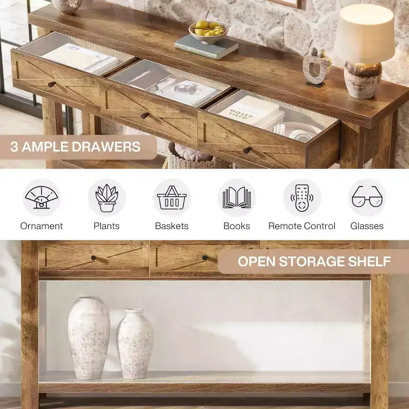 Tavolo Consolle da 70.9 pollici con 3 Cassetti, Tavolo da Ingresso Stile Rustico con Ripiano Contenitore, Tavolo da Divano Dietro al Divano per Corridoio, Foyer