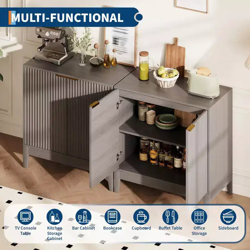 Madia/Credenza da Cucina o Sala da Pranzo Moderna con Ante Scanalate da 31,5 Pollici, Maniglie Dorate e Ripiano Regolabile, Finitura Rovere