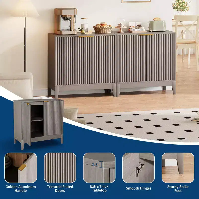 Madia/Credenza da Cucina o Sala da Pranzo Moderna con Ante Scanalate da 31,5 Pollici, Maniglie Dorate e Ripiano Regolabile, Finitura Rovere