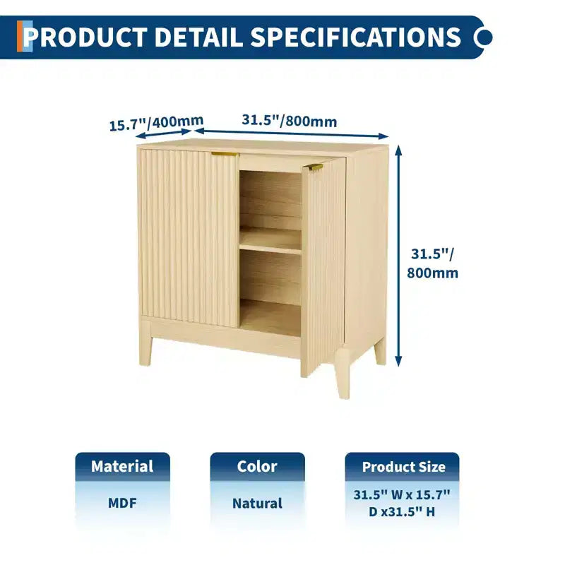 Madia/Credenza da Cucina o Sala da Pranzo Moderna con Ante Scanalate da 31,5 Pollici, Maniglie Dorate e Ripiano Regolabile, Finitura Rovere
