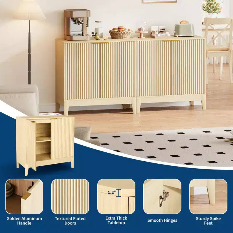 Madia/Credenza da Cucina o Sala da Pranzo Moderna con Ante Scanalate da 31,5 Pollici, Maniglie Dorate e Ripiano Regolabile, Finitura Rovere