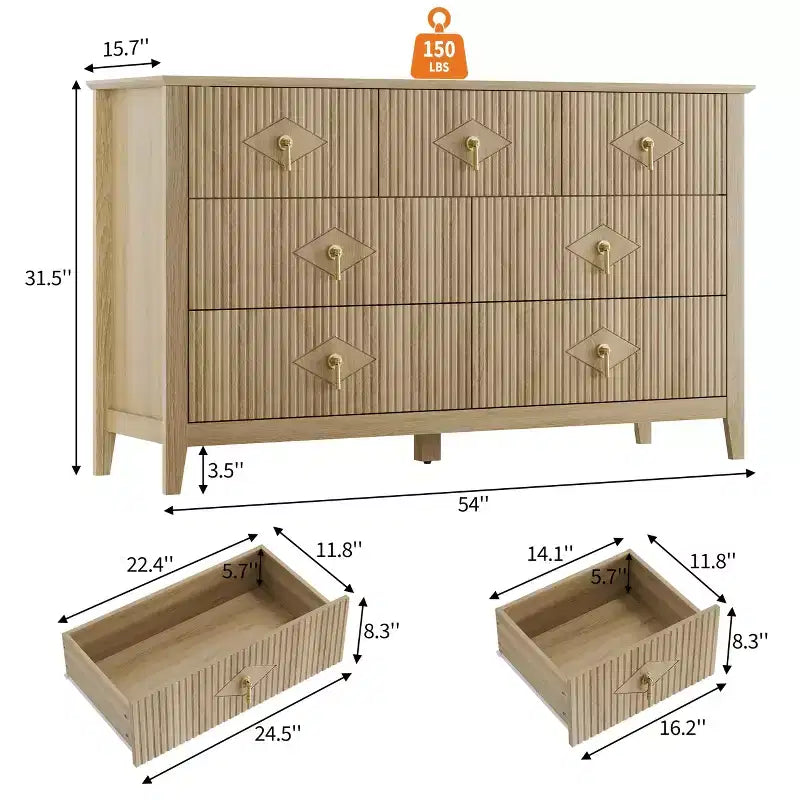 Comò a 7 cassetti per camera da letto, cassettiera in legno da 54" con maniglie in metallo, organizer scanalato per vestiti, mobile TV per corridoio