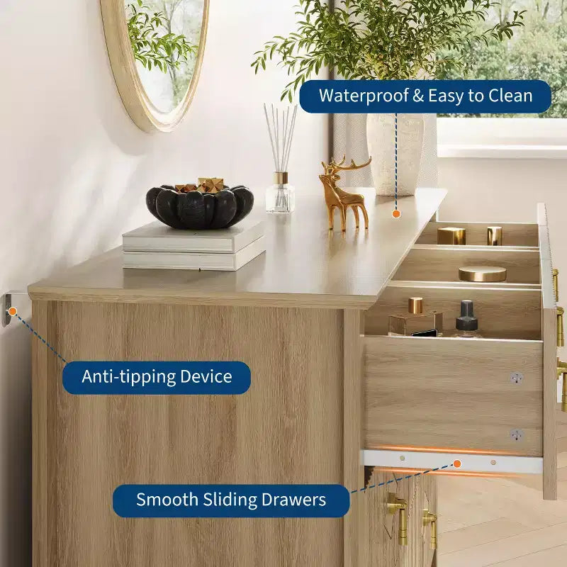 Comò a 7 cassetti per camera da letto, cassettiera in legno da 54" con maniglie in metallo, organizer scanalato per vestiti, mobile TV per corridoio