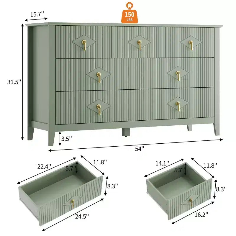 Comò a 7 cassetti per camera da letto, cassettiera in legno da 54" con maniglie in metallo, organizer scanalato per vestiti, mobile TV per corridoio