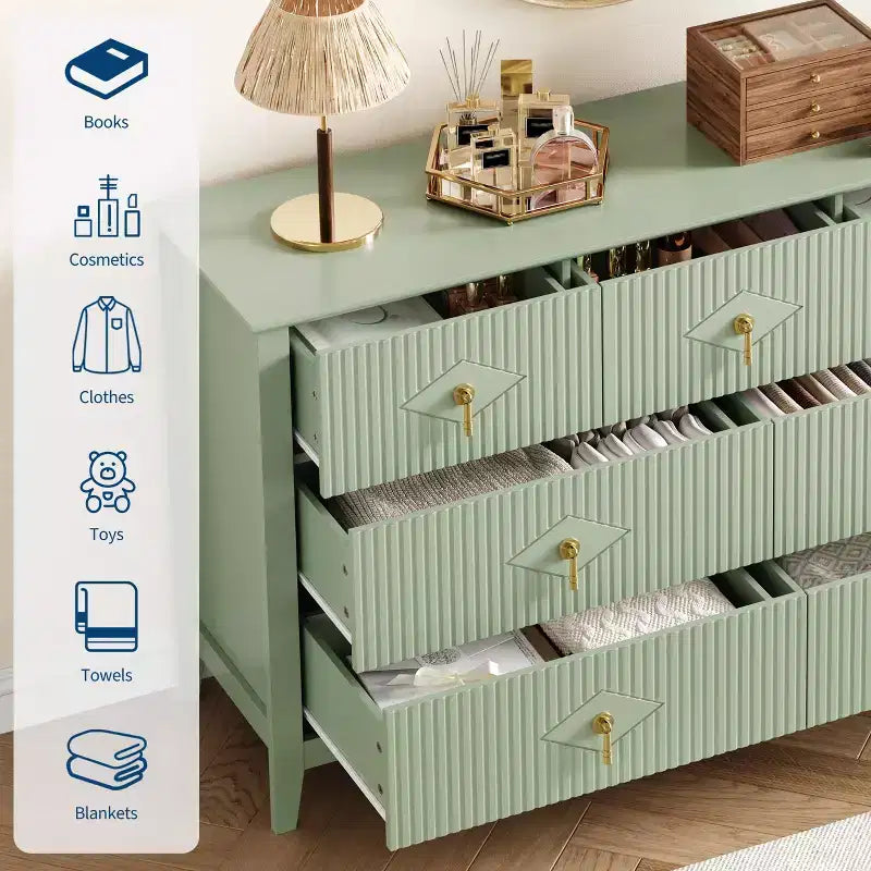 Comò a 7 cassetti per camera da letto, cassettiera in legno da 54" con maniglie in metallo, organizer scanalato per vestiti, mobile TV per corridoio