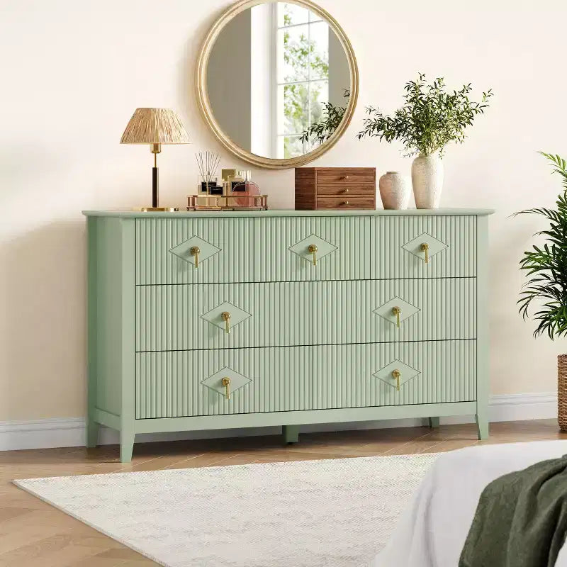 Comò a 7 cassetti per camera da letto, cassettiera in legno da 54" con maniglie in metallo, organizer scanalato per vestiti, mobile TV per corridoio