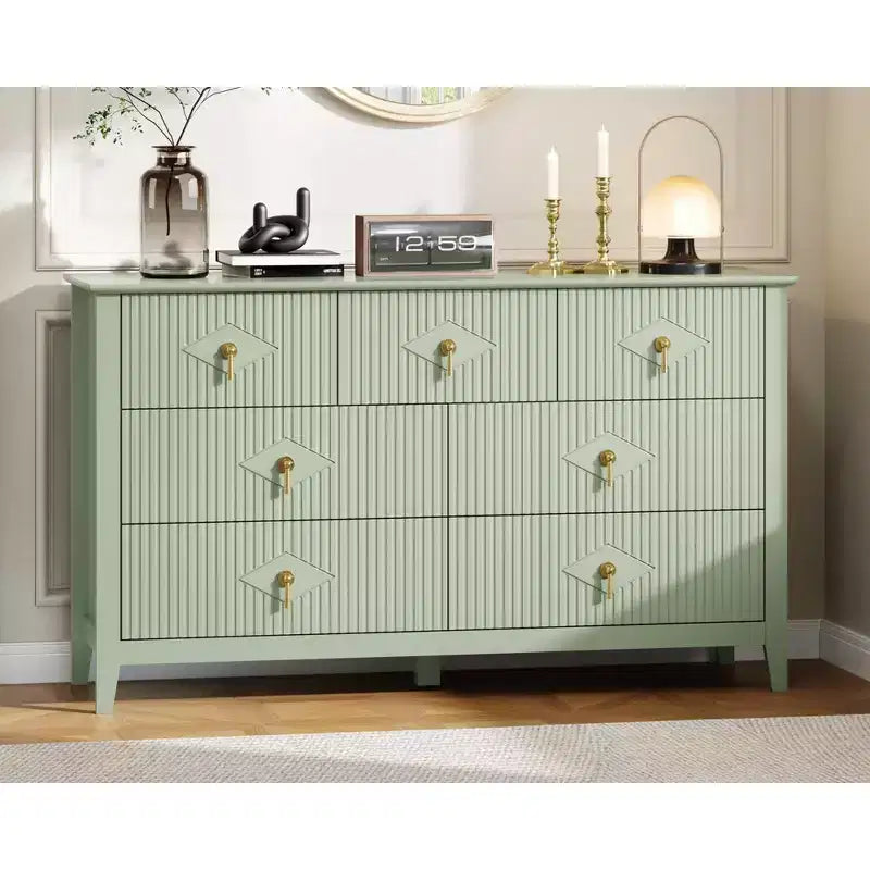 Comò a 7 cassetti per camera da letto, cassettiera in legno da 54" con maniglie in metallo, organizer scanalato per vestiti, mobile TV per corridoio