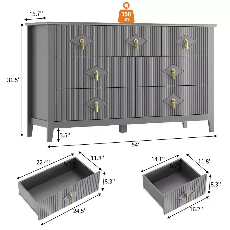 Comò a 7 cassetti per camera da letto, cassettiera in legno da 54" con maniglie in metallo, organizer scanalato per vestiti, mobile TV per corridoio