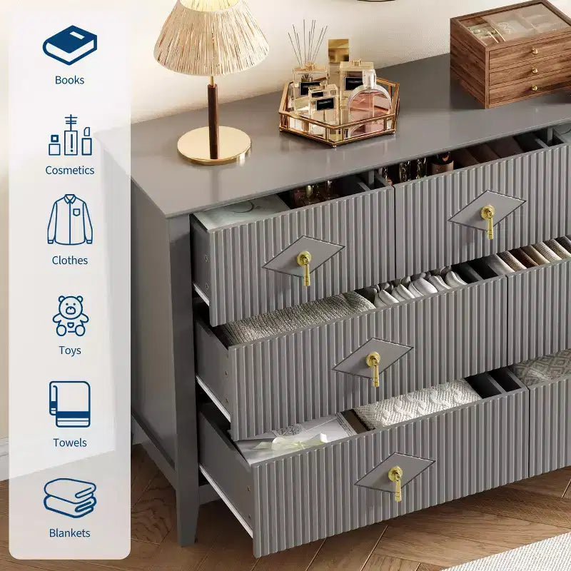 Comò a 7 cassetti per camera da letto, cassettiera in legno da 54" con maniglie in metallo, organizer scanalato per vestiti, mobile TV per corridoio