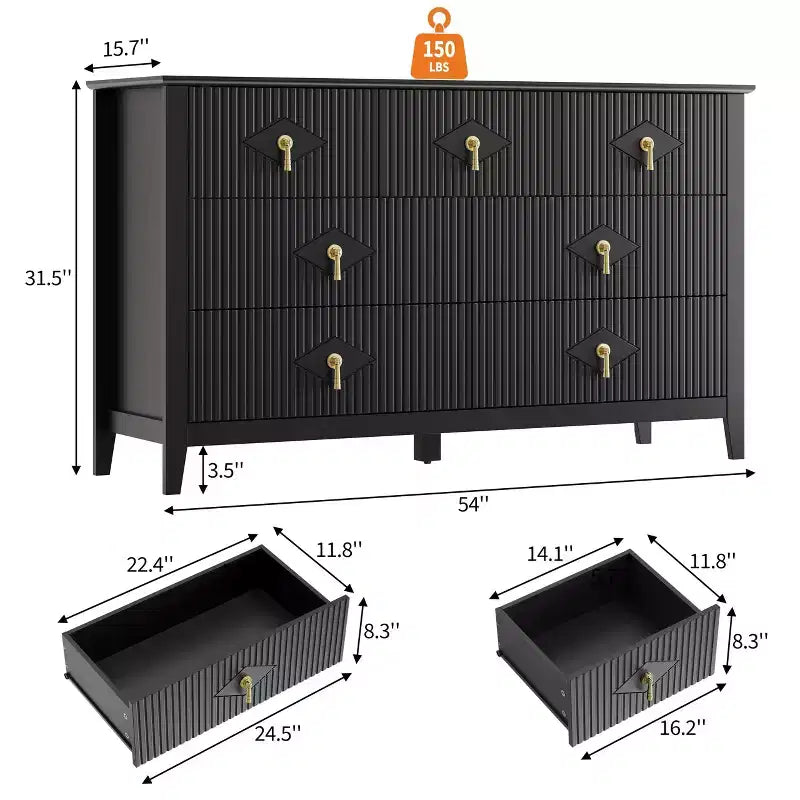 Comò a 7 cassetti per camera da letto, cassettiera in legno da 54" con maniglie in metallo, organizer scanalato per vestiti, mobile TV per corridoio