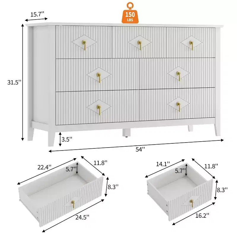 Comò a 7 cassetti per camera da letto, cassettiera in legno da 54" con maniglie in metallo, organizer scanalato per vestiti, mobile TV per corridoio