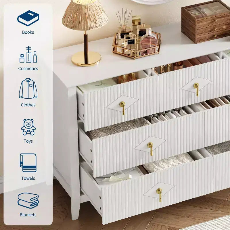 Comò a 7 cassetti per camera da letto, cassettiera in legno da 54" con maniglie in metallo, organizer scanalato per vestiti, mobile TV per corridoio