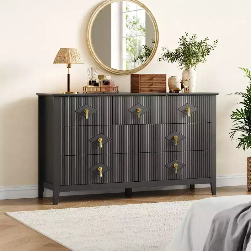 Comò a 7 cassetti per camera da letto, cassettiera in legno da 54" con maniglie in metallo, organizer scanalato per vestiti, mobile TV per corridoio