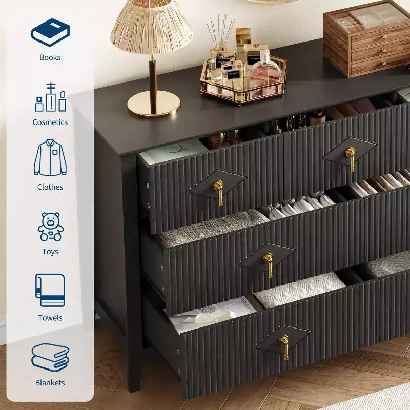 Comò a 7 cassetti per camera da letto, cassettiera in legno da 54" con maniglie in metallo, organizer scanalato per vestiti, mobile TV per corridoio