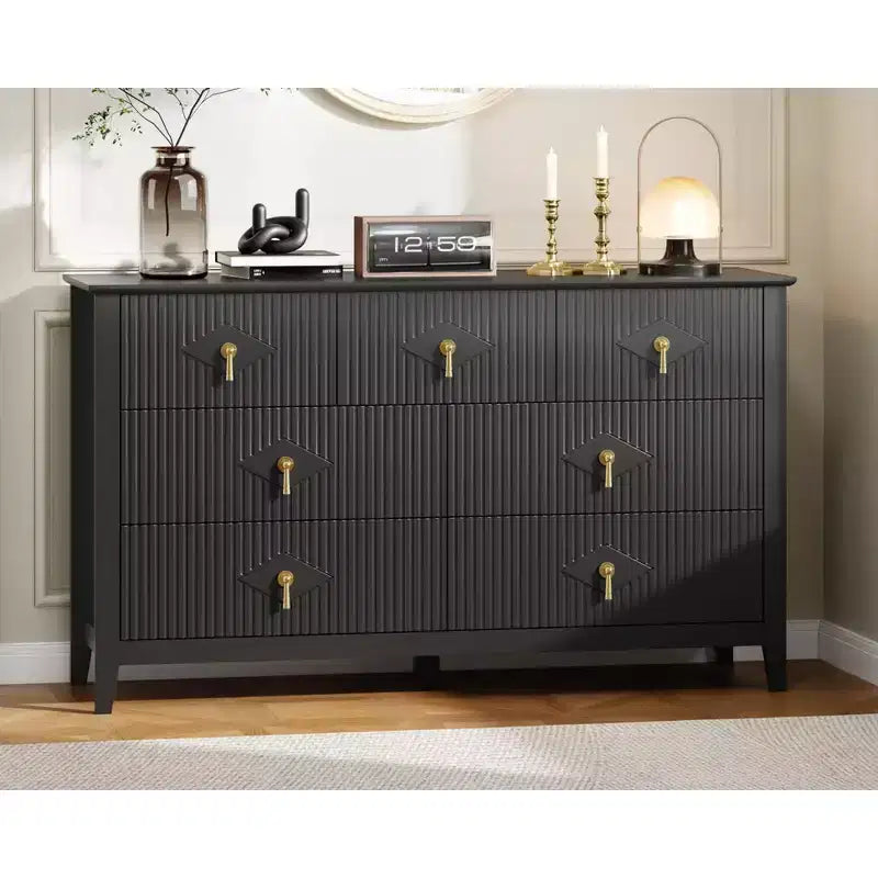 Comò a 7 cassetti per camera da letto, cassettiera in legno da 54" con maniglie in metallo, organizer scanalato per vestiti, mobile TV per corridoio