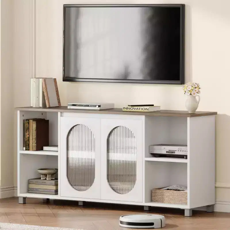 Mobile porta TV moderno per TV da 60/65/70 pollici, mobile console multimediale con 2 ante in vetro ondulato, 4 ripiani aperti, centro di intrattenimento con contenitore