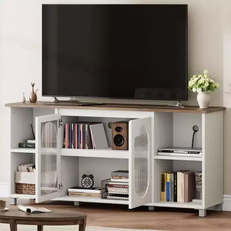 Mobile porta TV moderno per TV da 60/65/70 pollici, mobile console multimediale con 2 ante in vetro ondulato, 4 ripiani aperti, centro di intrattenimento con contenitore