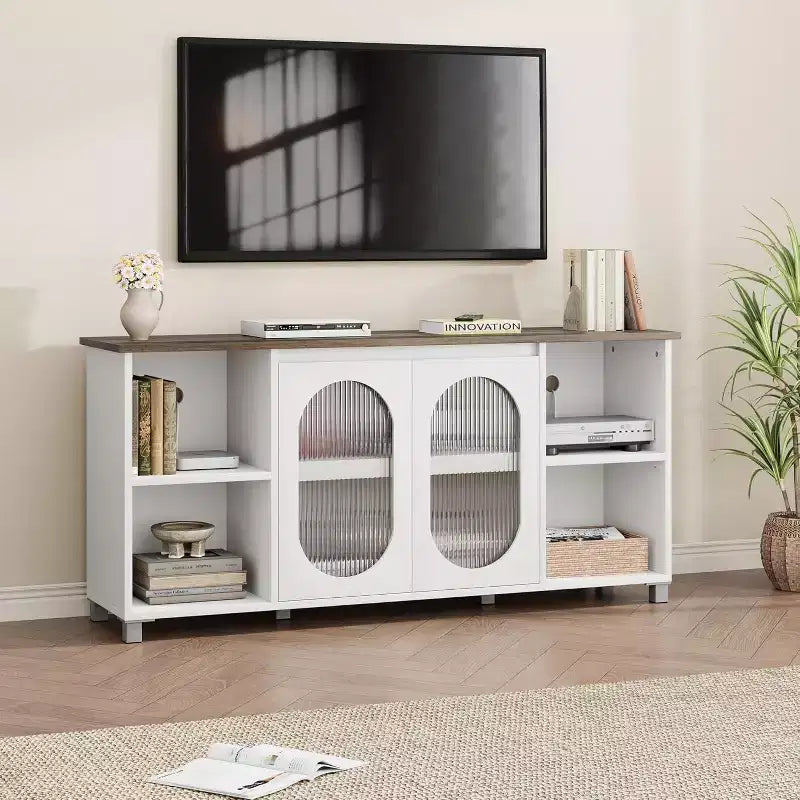 Mobile porta TV moderno per TV da 60/65/70 pollici, mobile console multimediale con 2 ante in vetro ondulato, 4 ripiani aperti, centro di intrattenimento con contenitore