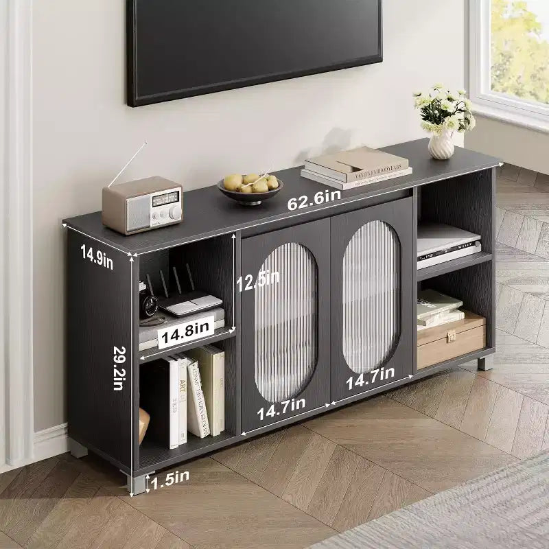Mobile porta TV moderno per TV da 60/65/70 pollici, mobile console multimediale con 2 ante in vetro ondulato, 4 ripiani aperti, centro di intrattenimento con contenitore
