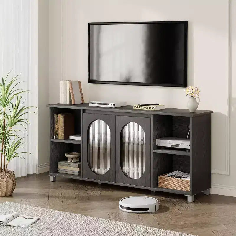 Mobile porta TV moderno per TV da 60/65/70 pollici, mobile console multimediale con 2 ante in vetro ondulato, 4 ripiani aperti, centro di intrattenimento con contenitore
