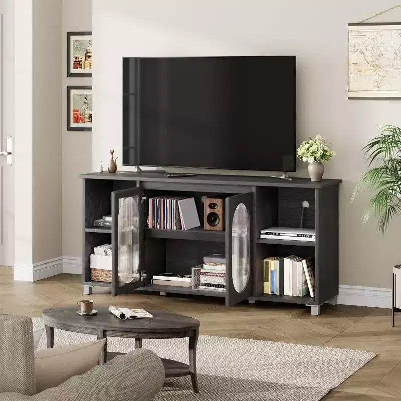 Mobile porta TV moderno per TV da 60/65/70 pollici, mobile console multimediale con 2 ante in vetro ondulato, 4 ripiani aperti, centro di intrattenimento con contenitore
