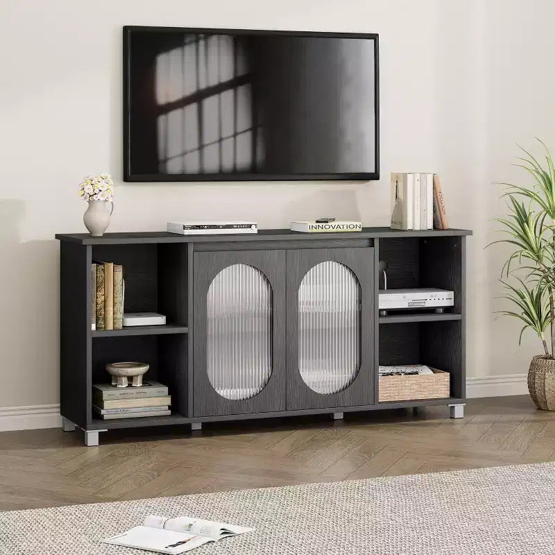 Mobile porta TV moderno per TV da 60/65/70 pollici, mobile console multimediale con 2 ante in vetro ondulato, 4 ripiani aperti, centro di intrattenimento con contenitore