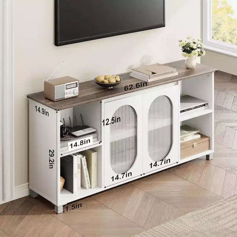 Mobile porta TV moderno per TV da 60/65/70 pollici, mobile console multimediale con 2 ante in vetro ondulato, 4 ripiani aperti, centro di intrattenimento con contenitore