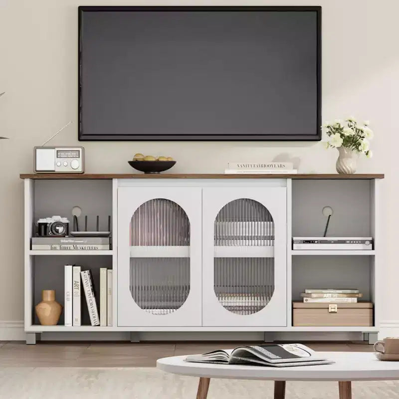 Mobile porta TV moderno per TV da 60/65/70 pollici, mobile console multimediale con 2 ante in vetro ondulato, 4 ripiani aperti, centro di intrattenimento con contenitore