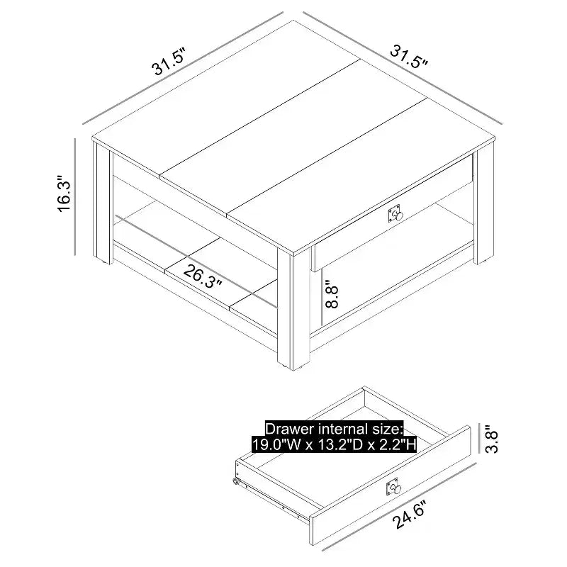 Tavolino da caffè in legno con cassetto contenitore 80 L 80 P 41,4 A