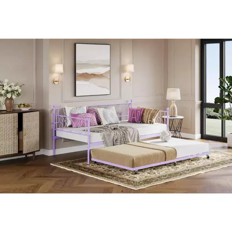 Divano letto con rotelle, Letto a rotelle singolo con testiera a forma di cuore per bambini, Robusto divano letto in metallo con supporto a doghe in acciaio, Divano letto singolo viola