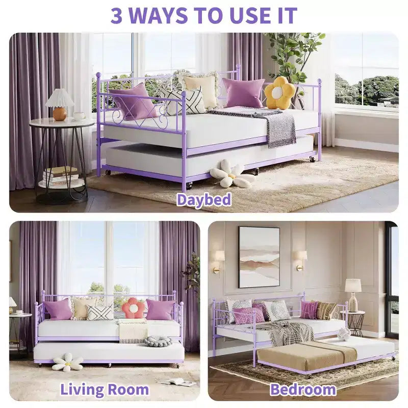 Divano letto con rotelle, Letto a rotelle singolo con testiera a forma di cuore per bambini, Robusto divano letto in metallo con supporto a doghe in acciaio, Divano letto singolo viola
