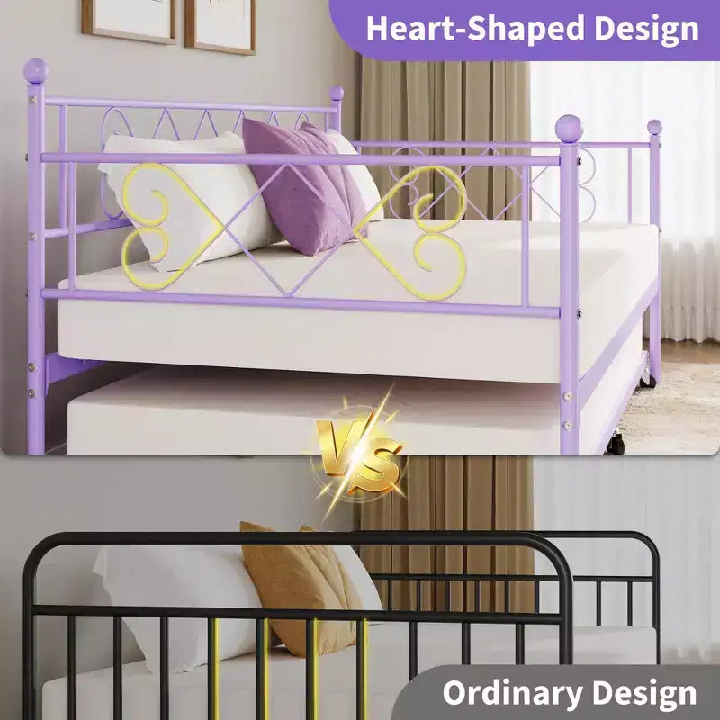 Divano letto con rotelle, Letto a rotelle singolo con testiera a forma di cuore per bambini, Robusto divano letto in metallo con supporto a doghe in acciaio, Divano letto singolo viola