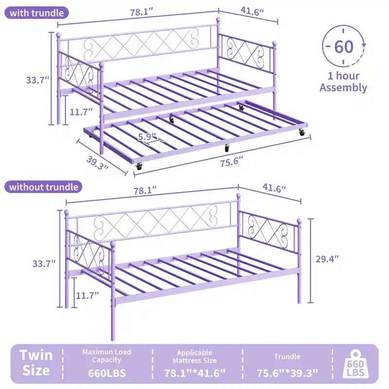 Divano letto con rotelle, Letto a rotelle singolo con testiera a forma di cuore per bambini, Robusto divano letto in metallo con supporto a doghe in acciaio, Divano letto singolo viola