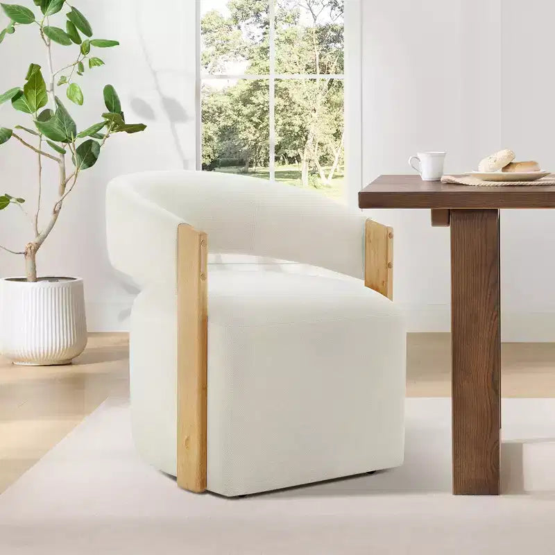 Spruce&Spring Upholstered Dining Chair with Wood Armrests & Hidden Wheels