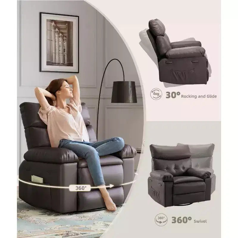 Poltrone Reclinabili Oversize con Funzione Riscaldante e Massaggiante - Poltrona Reclinabile Girevole a 360° per Adulti - Poltrona a Dondolo Manuale