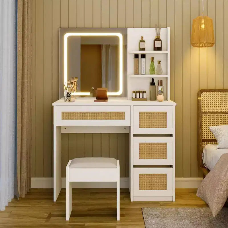 Toeletta in Rattan Bianco con Specchio a LED Regolabile, 4 Cassetti e 2 Ripiani Aperti, Spazioso Tavolo da Trucco per Camera da Letto