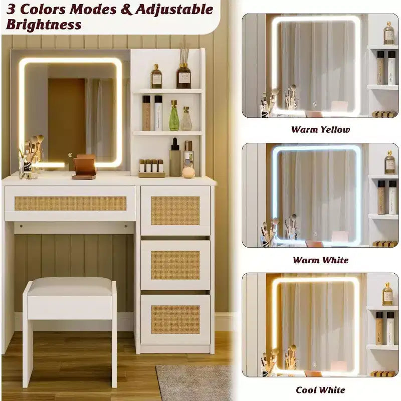 Toeletta in Rattan Bianco con Specchio a LED Regolabile, 4 Cassetti e 2 Ripiani Aperti, Spazioso Tavolo da Trucco per Camera da Letto