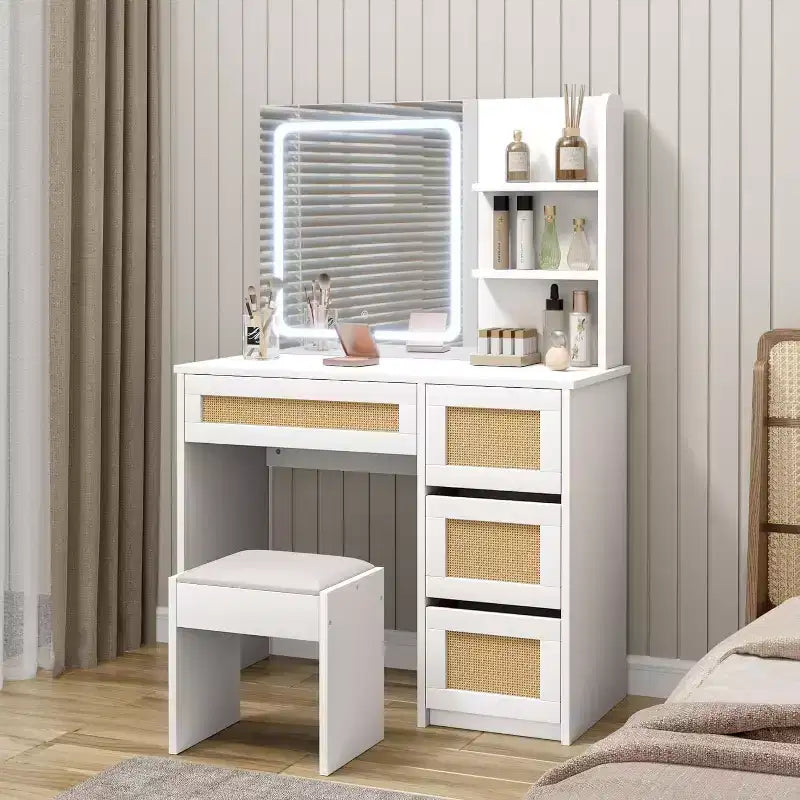 Toeletta in Rattan Bianco con Specchio a LED Regolabile, 4 Cassetti e 2 Ripiani Aperti, Spazioso Tavolo da Trucco per Camera da Letto