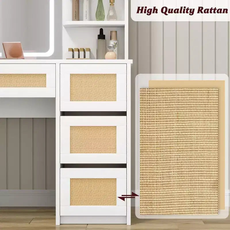 Toeletta in Rattan Bianco con Specchio a LED Regolabile, 4 Cassetti e 2 Ripiani Aperti, Spazioso Tavolo da Trucco per Camera da Letto