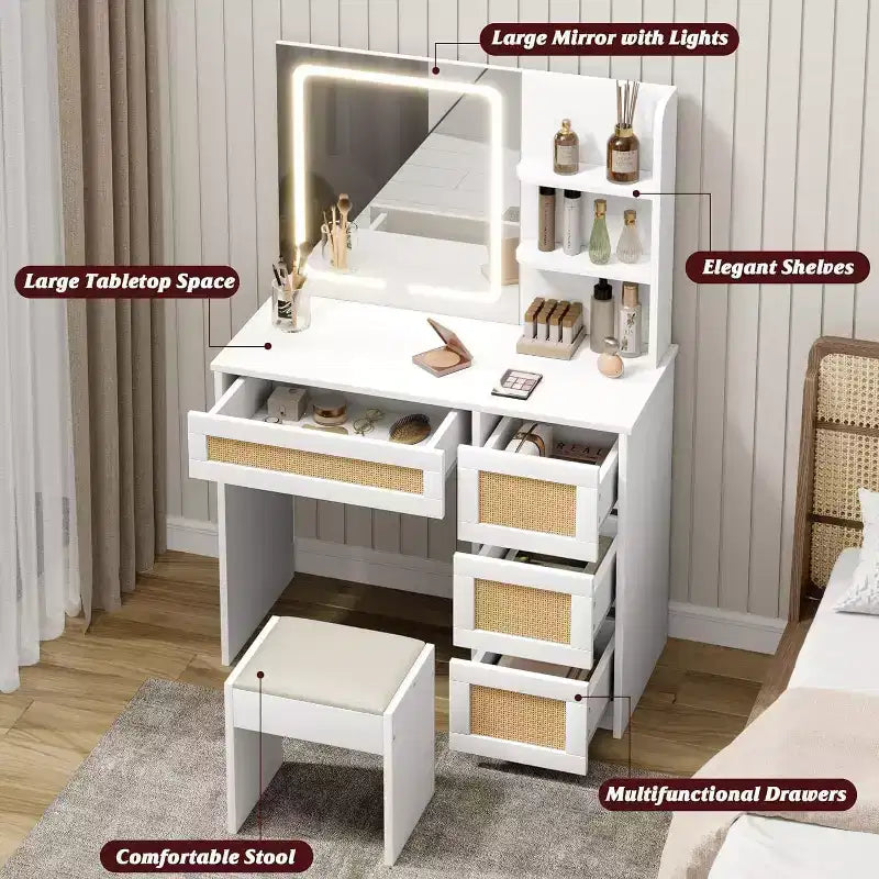 Toeletta in Rattan Bianco con Specchio a LED Regolabile, 4 Cassetti e 2 Ripiani Aperti, Spazioso Tavolo da Trucco per Camera da Letto